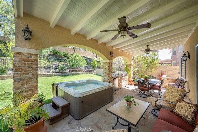 19728 Ellis Henry Ct, Newhall, CA 91321 - view of patio with a hot tub, a ceiling fan, and outdoor dining space