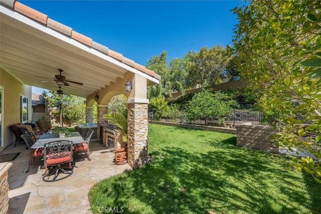 19728 Ellis Henry Ct, Newhall, CA 91321 - view of yard with a ceiling fan, a patio area, area for grilling, and outdoor dining area