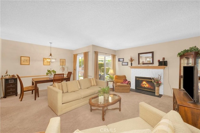 2006 W 180th Pl, Torrance, CA 90504 - living room featuring light colored carpet, a fireplace, and a textured ceiling