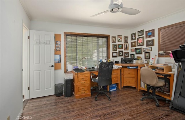23328 Valley Circle Blvd, Chatsworth, CA 91311 - home office with dark wood finished floors, ornamental molding, and a ceiling fan