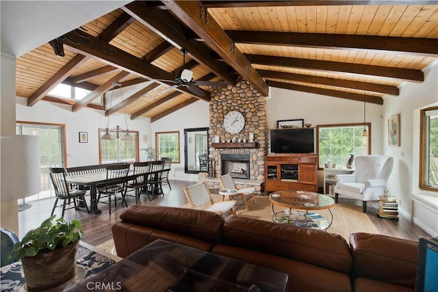 23328 Valley Circle Blvd, Chatsworth, CA 91311 - living room featuring wood ceiling, wood finished floors, a ceiling fan, a fireplace, and baseboards