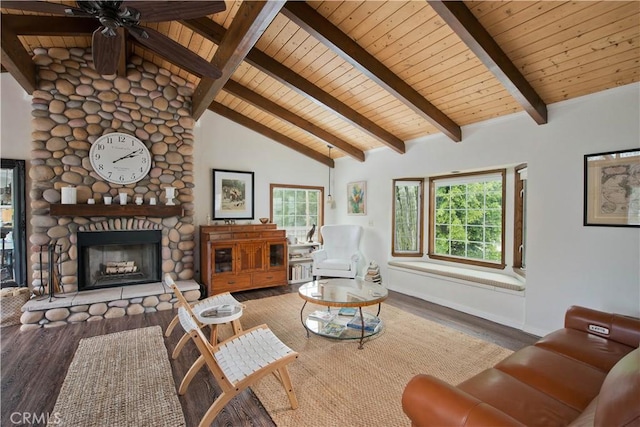 23328 Valley Circle Blvd, Chatsworth, CA 91311 - living area featuring wood finished floors, a ceiling fan, wood ceiling with exposed beams, healthy amount of natural light, and high vaulted ceiling