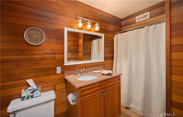 23328 Valley Circle Blvd, Chatsworth, CA 91311 - bathroom with toilet, wood walls, vanity, and a shower with curtain
