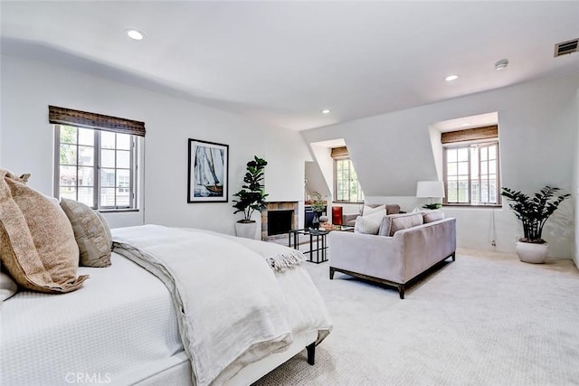 2917 N Poinsettia Ave, Manhattan Beach, CA 90266 - bedroom featuring light carpet, recessed lighting, and a fireplace