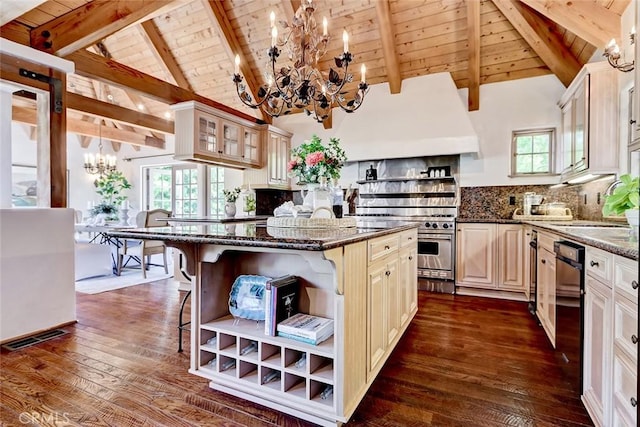 2917 N Poinsettia Ave, Manhattan Beach, CA 90266 - kitchen featuring open shelves, a chandelier, wood ceiling with exposed beams, dark wood-style floors, and plenty of natural light