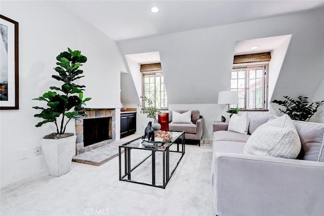 2917 N Poinsettia Ave, Manhattan Beach, CA 90266 - living area featuring healthy amount of natural light, a stone fireplace, light carpet, and recessed lighting