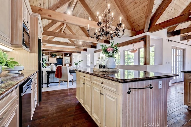 2917 N Poinsettia Ave, Manhattan Beach, CA 90266 - kitchen featuring dark wood-type flooring, a chandelier, a center island, dark stone countertops, and wood ceiling