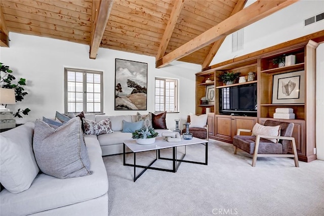 2917 N Poinsettia Ave, Manhattan Beach, CA 90266 - living area with wooden ceiling with exposed beams, plenty of natural light, light carpet, and high vaulted ceiling