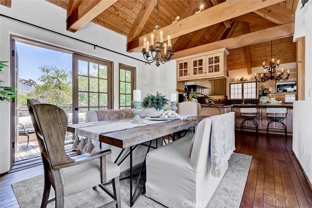 2917 N Poinsettia Ave, Manhattan Beach, CA 90266 - dining area featuring a chandelier, wooden ceiling, and dark wood-style flooring
