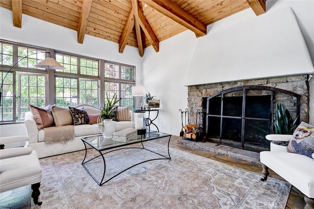 2917 N Poinsettia Ave, Manhattan Beach, CA 90266 - living area featuring wooden ceiling with exposed beams, a fireplace, and high vaulted ceiling