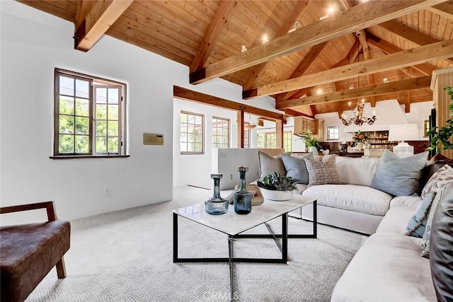 2917 N Poinsettia Ave, Manhattan Beach, CA 90266 - living area with healthy amount of natural light, a chandelier, carpet, and wooden ceiling