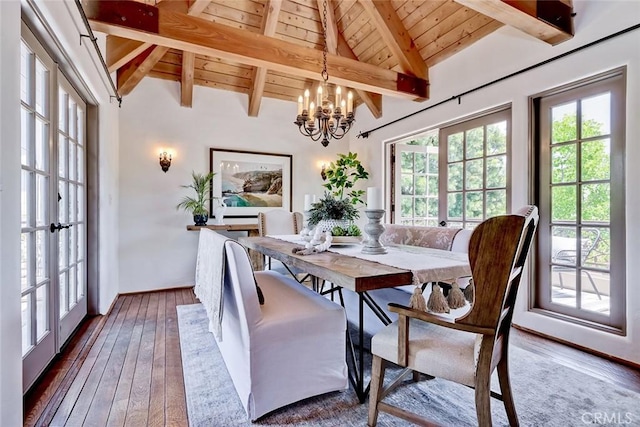 2917 N Poinsettia Ave, Manhattan Beach, CA 90266 - dining area with a chandelier, hardwood / wood-style floors, wooden ceiling with exposed beams, french doors, and high vaulted ceiling