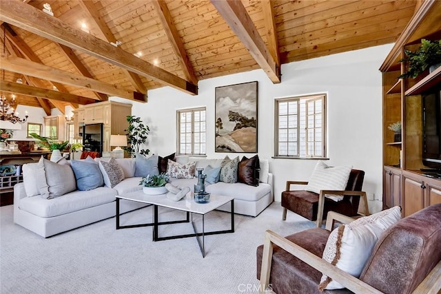2917 N Poinsettia Ave, Manhattan Beach, CA 90266 - living room with wood ceiling, light carpet, and a chandelier