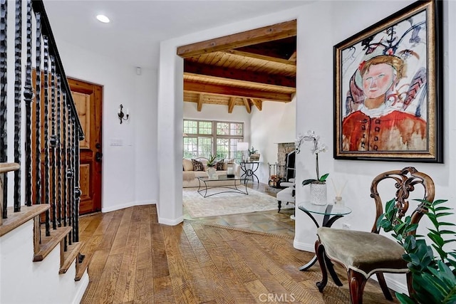 2917 N Poinsettia Ave, Manhattan Beach, CA 90266 - foyer entrance with wood ceiling with exposed beams, recessed lighting, and baseboards
