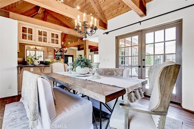 2917 N Poinsettia Ave, Manhattan Beach, CA 90266 - dining space featuring wood ceiling with exposed beams, hardwood / wood-style flooring, a chandelier, french doors, and high vaulted ceiling