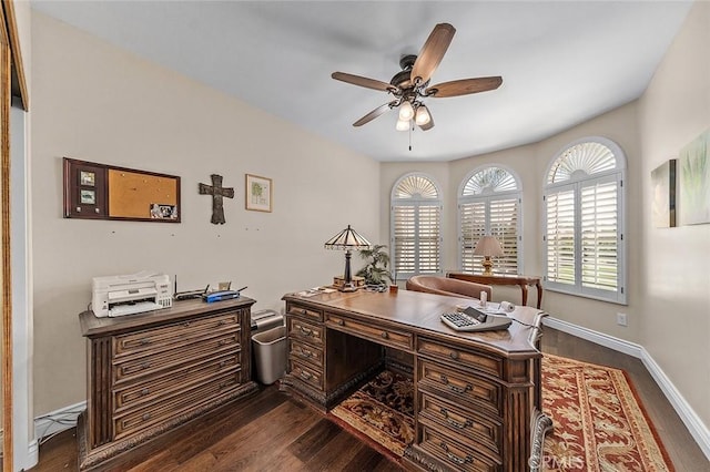 1459 W Quince Ct, Ontario, CA 91762 - home office featuring ceiling fan, dark wood-style floors, and baseboards
