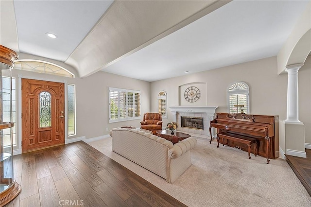 1459 W Quince Ct, Ontario, CA 91762 - entryway featuring wood-type flooring, baseboards, decorative columns, a tiled fireplace, and recessed lighting