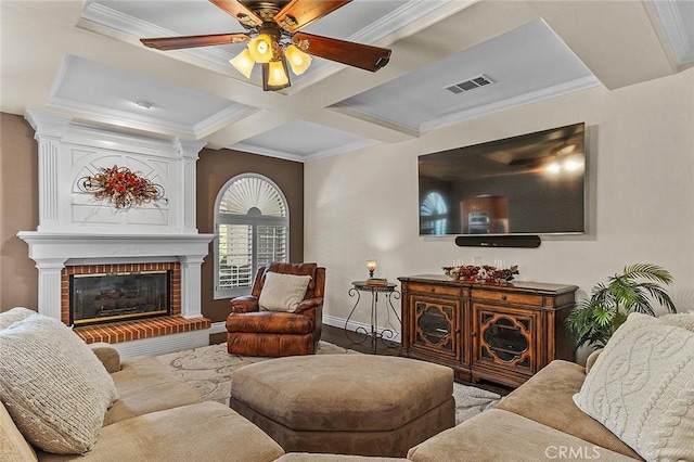 1459 W Quince Ct, Ontario, CA 91762 - living room featuring coffered ceiling, a ceiling fan, beamed ceiling, wood finished floors, and a fireplace