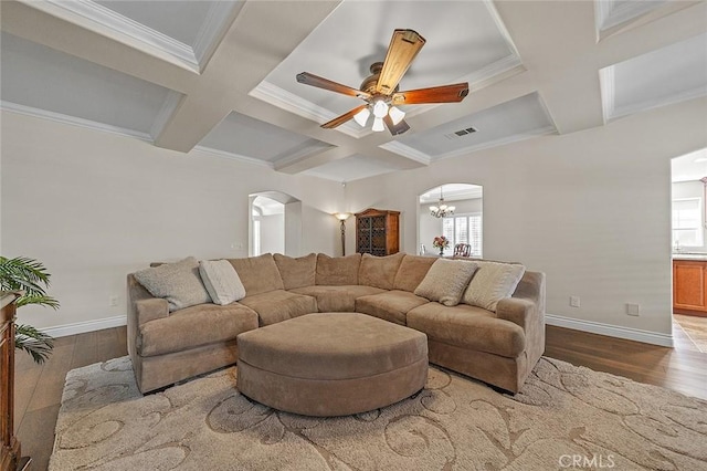 1459 W Quince Ct, Ontario, CA 91762 - living room featuring arched walkways, coffered ceiling, wood-type flooring, baseboards, and healthy amount of natural light