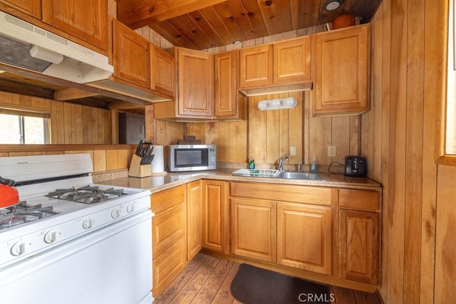43387 Sheephorn Rd, Big Bear Lake, CA 92315 - kitchen with gas range gas stove, a sink, stainless steel microwave, wood walls, and under cabinet range hood
