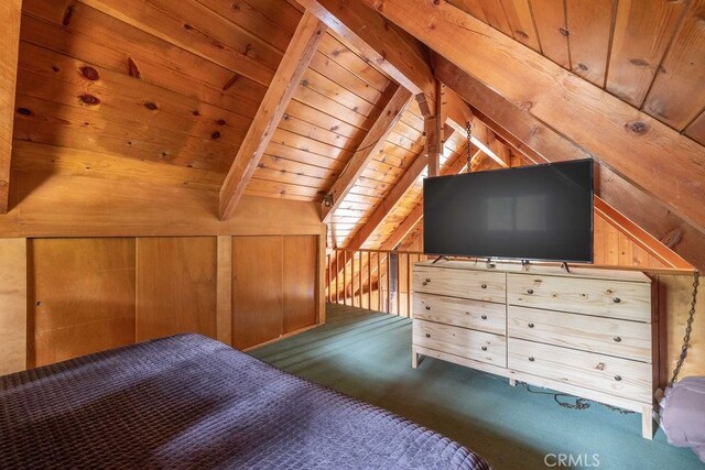 43387 Sheephorn Rd, Big Bear Lake, CA 92315 - bedroom featuring wood walls, wood ceiling, and carpet flooring