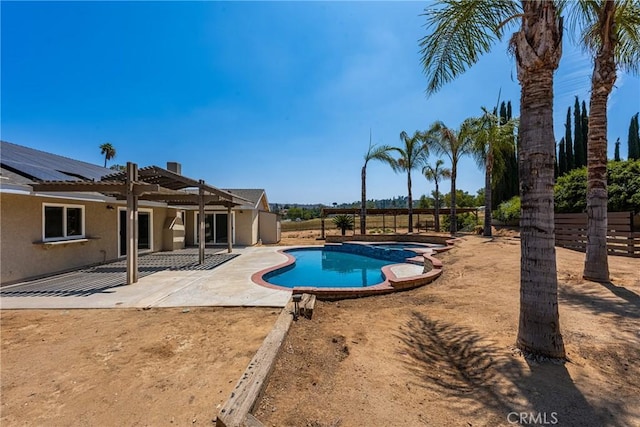 16481 Valle Vista Way, Riverside, CA 92506 - view of swimming pool featuring a patio, a fenced backyard, and a pool with connected hot tub