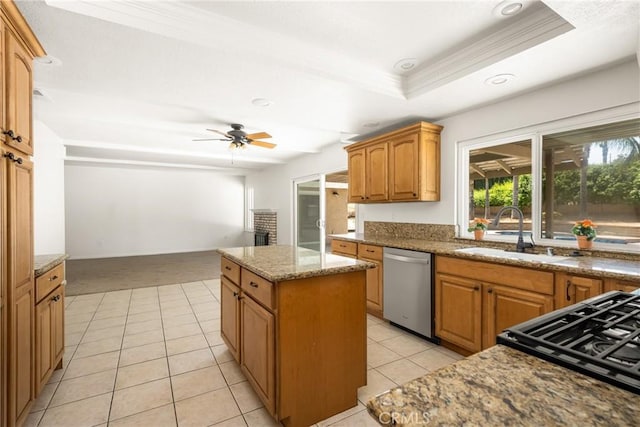 16481 Valle Vista Way, Riverside, CA 92506 - kitchen featuring stainless steel dishwasher, a sink, crown molding, light carpet, and a center island
