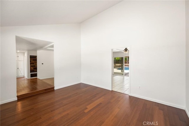 16481 Valle Vista Way, Riverside, CA 92506 - empty room with hardwood / wood-style flooring, a ceiling fan, baseboards, and high vaulted ceiling