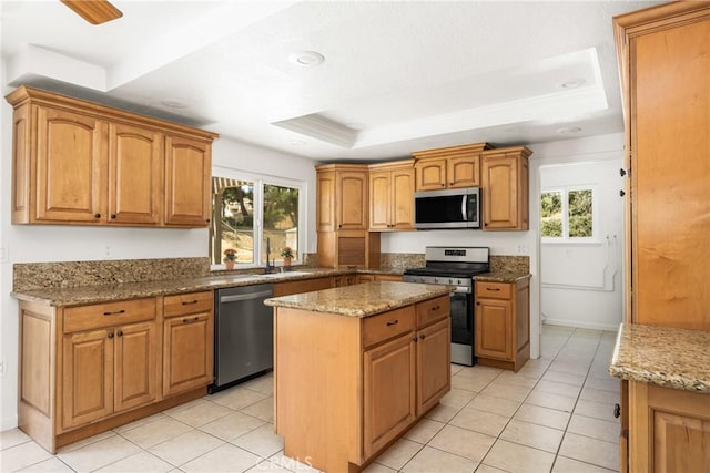 16481 Valle Vista Way, Riverside, CA 92506 - kitchen featuring stainless steel appliances, a tray ceiling, healthy amount of natural light, and a kitchen island