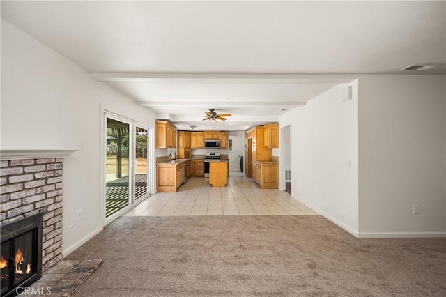 16481 Valle Vista Way, Riverside, CA 92506 - unfurnished living room with a fireplace, light carpet, light tile patterned floors, baseboards, and beam ceiling