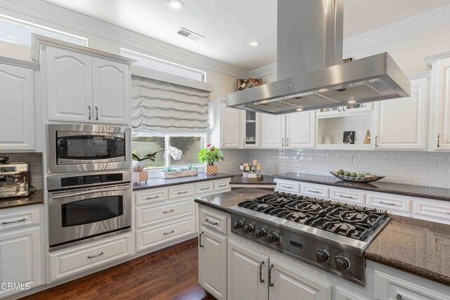 3007 Springbank Ct, Bakersfield, CA 93311 - kitchen with island range hood, stainless steel appliances, crown molding, decorative backsplash, and white cabinets
