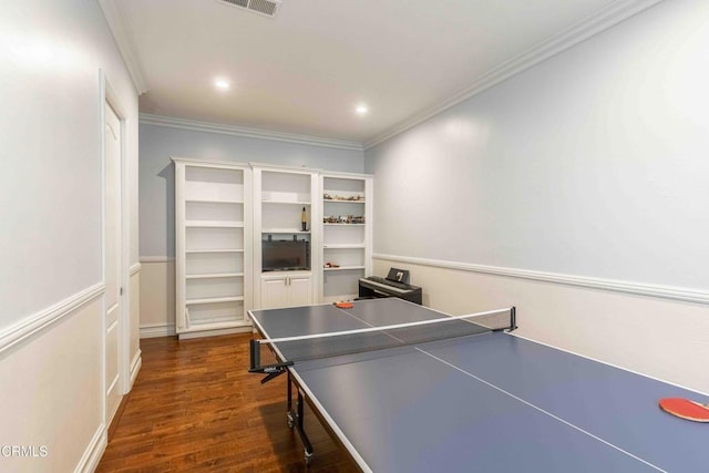 3007 Springbank Ct, Bakersfield, CA 93311 - game room featuring dark wood-type flooring, crown molding, and recessed lighting