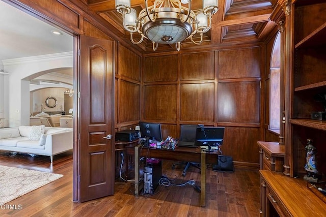 3007 Springbank Ct, Bakersfield, CA 93311 - office space with ornamental molding, a chandelier, arched walkways, dark wood-type flooring, and wood walls