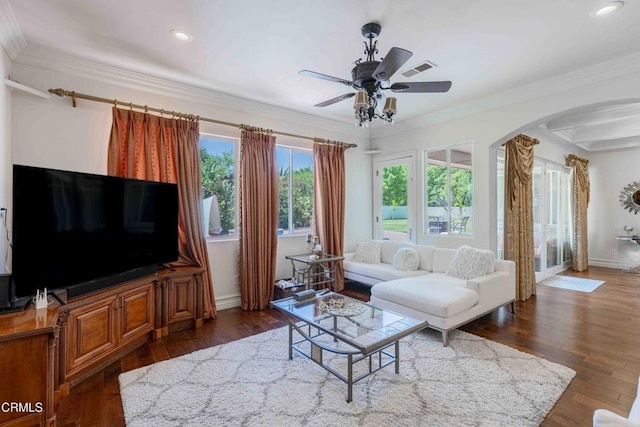 3007 Springbank Ct, Bakersfield, CA 93311 - living area with arched walkways, ceiling fan, crown molding, wood finished floors, and recessed lighting