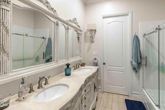 3007 Springbank Ct, Bakersfield, CA 93311 - bathroom with double vanity and enclosed tub / shower combo