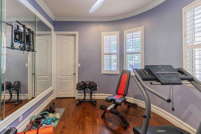 3007 Springbank Ct, Bakersfield, CA 93311 - workout area with dark wood-style floors, crown molding, and baseboards
