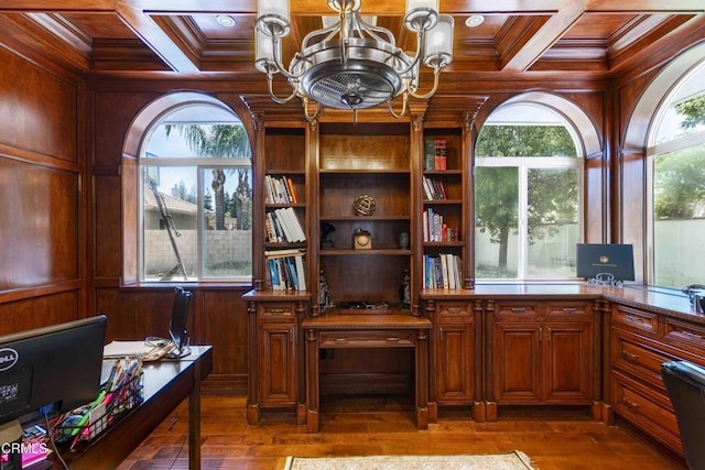 3007 Springbank Ct, Bakersfield, CA 93311 - office featuring a chandelier, crown molding, wood walls, wooden ceiling with exposed beams, and coffered ceiling