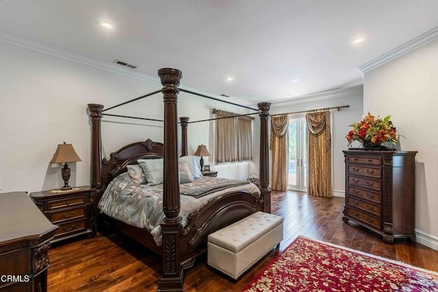 3007 Springbank Ct, Bakersfield, CA 93311 - bedroom with dark wood-type flooring, crown molding, access to outside, baseboards, and recessed lighting
