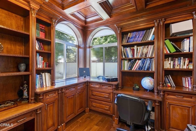3007 Springbank Ct, Bakersfield, CA 93311 - office space featuring dark wood-type flooring, coffered ceiling, ornamental molding, and wooden ceiling with exposed beams