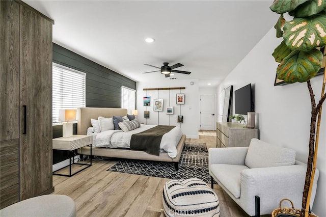 4852 W 129th St, Hawthorne, CA 90250 - bedroom featuring light wood-style floors, recessed lighting, and a ceiling fan