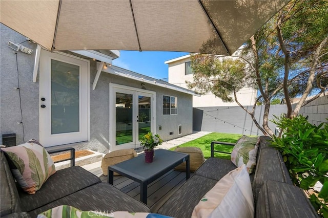 4852 W 129th St, Hawthorne, CA 90250 - wooden deck with french doors, a fenced backyard, and outdoor lounge area