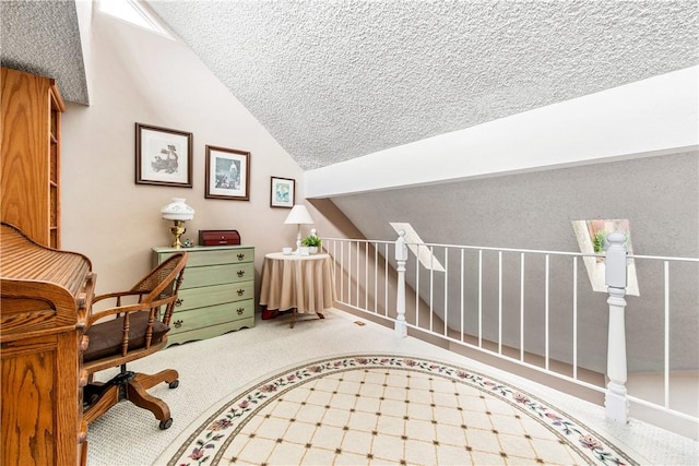 5471 E Centralia St Unit 24, Long Beach, CA 90808 - carpeted home office featuring vaulted ceiling and a textured ceiling