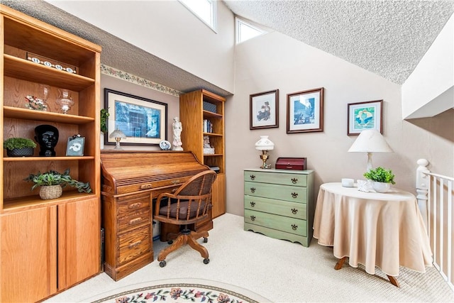 5471 E Centralia St Unit 24, Long Beach, CA 90808 - carpeted office featuring high vaulted ceiling and a textured ceiling