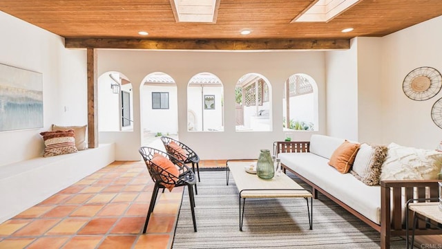 3728 Wawona Dr, San Diego, CA 92107 - living area featuring wood ceiling, a skylight, recessed lighting, and tile patterned floors