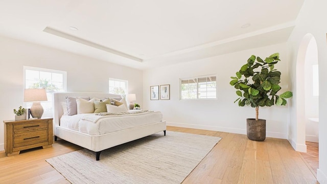 3728 Wawona Dr, San Diego, CA 92107 - bedroom with arched walkways, a raised ceiling, multiple windows, and light wood-type flooring