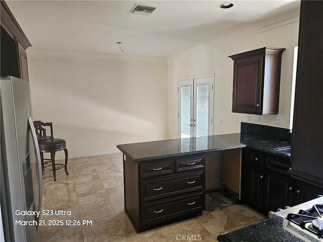 1849 10th Ave, Monrovia, CA 91016 - kitchen with stainless steel fridge with ice dispenser, french doors, a peninsula, ornamental molding, and dark stone countertops