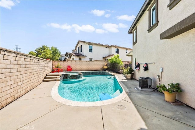 7925 Hemingway Ct, Fontana, CA 92336 - view of swimming pool with a fenced backyard, central air condition unit, a pool with connected hot tub, and a patio