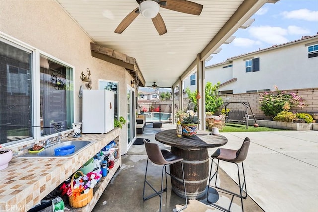 7925 Hemingway Ct, Fontana, CA 92336 - view of patio featuring ceiling fan and a sink