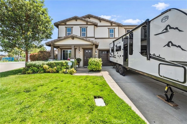 7925 Hemingway Ct, Fontana, CA 92336 - view of front of property with stucco siding, a front lawn, and covered porch