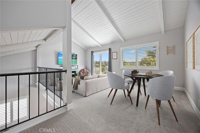 17776 Buena Vista Ave, Yorba Linda, CA 92886 - dining room featuring carpet flooring, wood ceiling, and baseboards